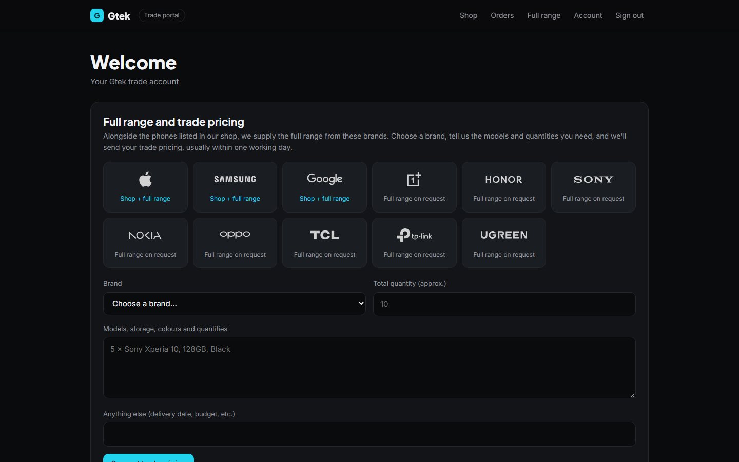 Gtek trade portal showing the full brand range and a pricing request form