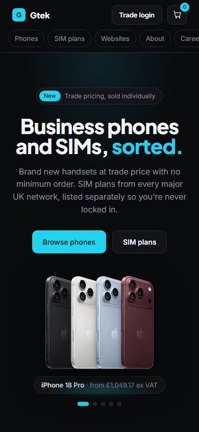 The gtekdirect.com homepage on a phone